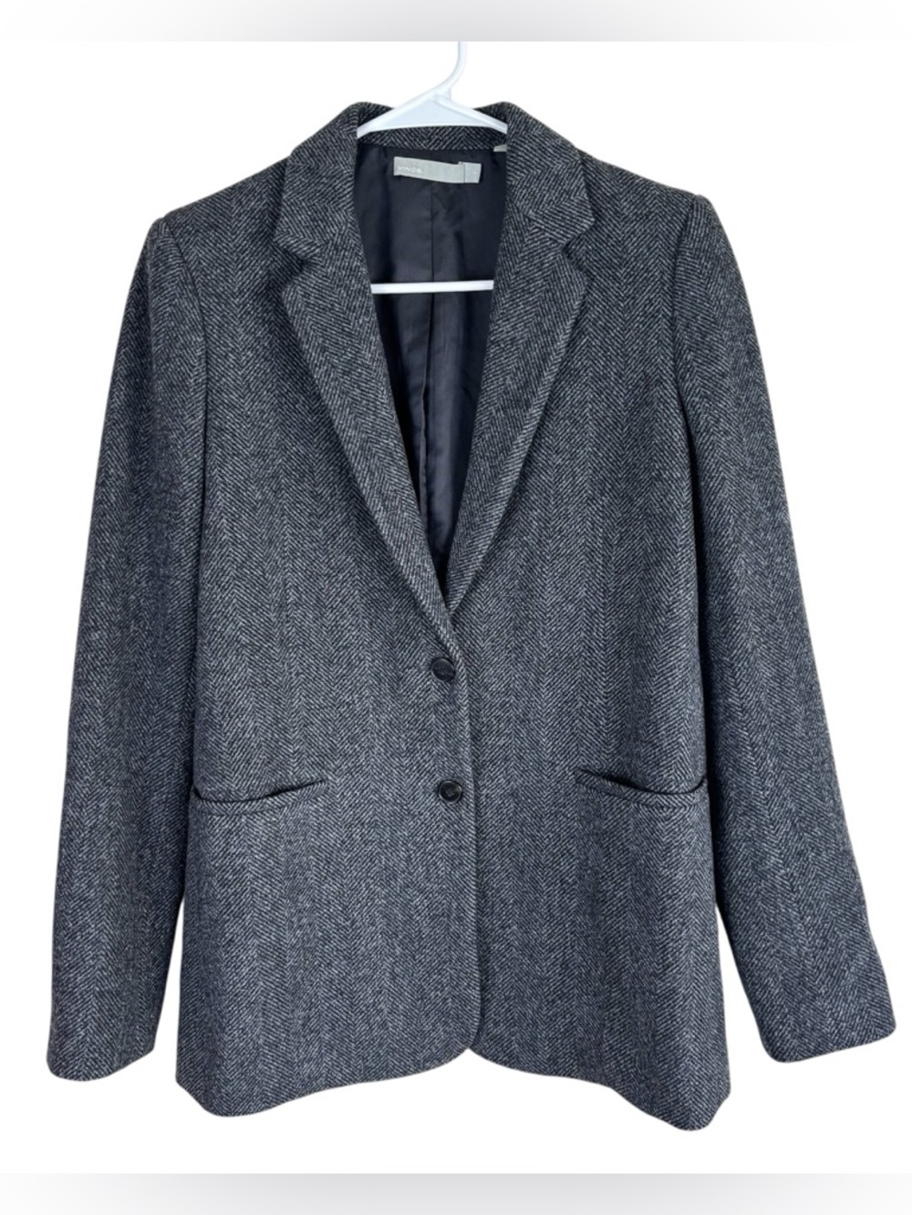 Vince Blazer Womens Sz 8 Gray Herringbone 2 Button Wool Silk Cashmere Academia